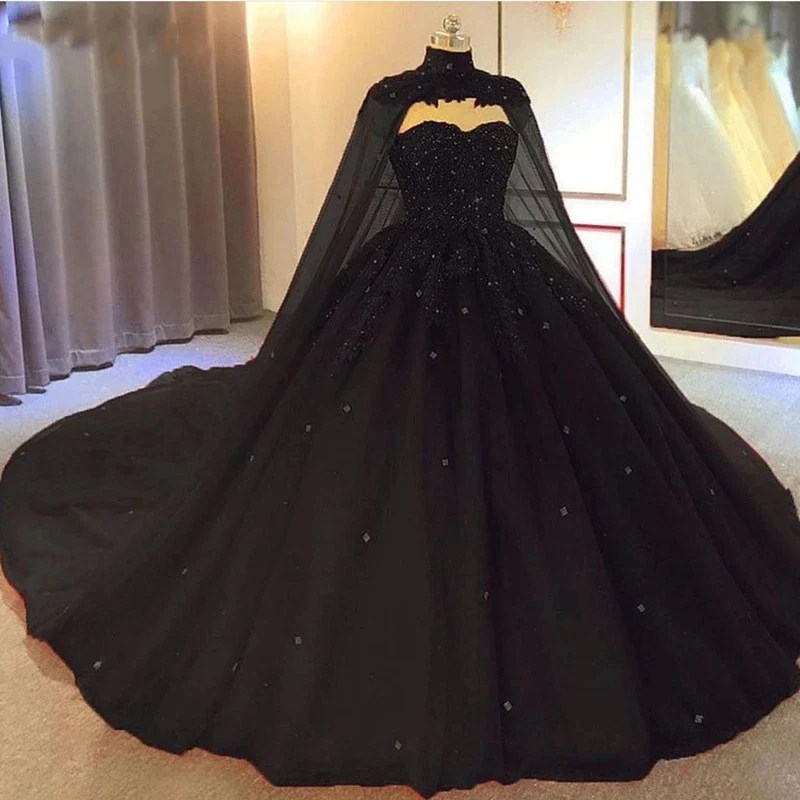 Long sleeve plus size black wedding dress